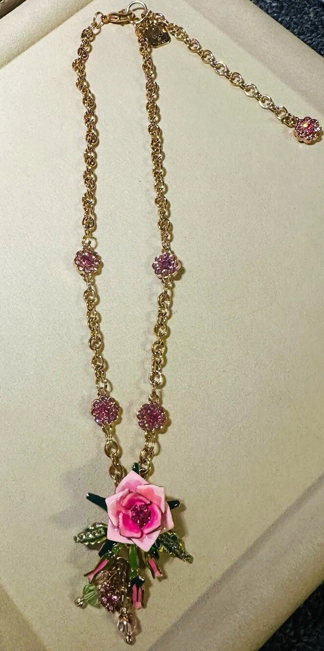 LATR 2GO! Gold Plated Rolo Chain Enamel Rose Flower Charm Necklace Pink Green
